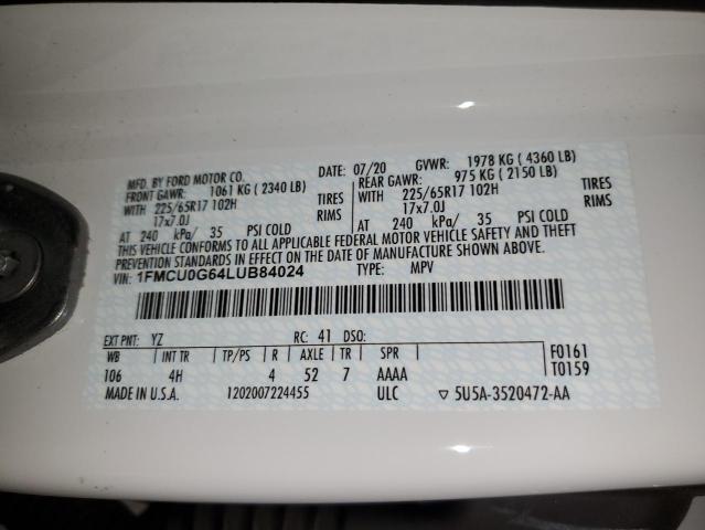 1FMCU0G64LUB84024 - 2020 FORD ESCAPE SE WHITE photo 14