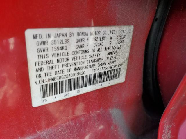 JHMGE8G28AC019920 - 2010 HONDA FIT RED photo 12
