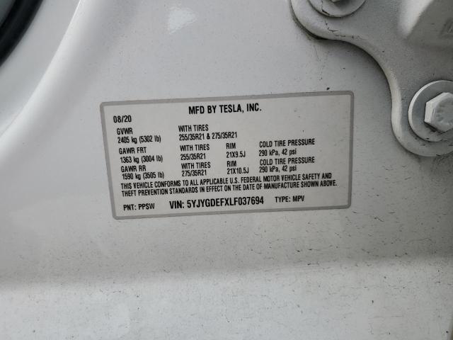5YJYGDEFXLF037694 - 2020 TESLA MODEL Y 白色 照片 12