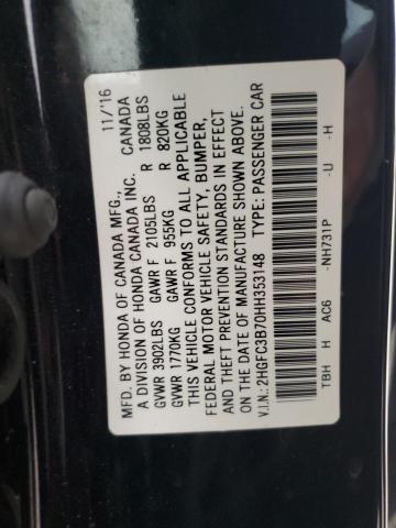 2HGFC3B70HH353148 - 2017 HONDA CIVIC EXL BLACK photo 12