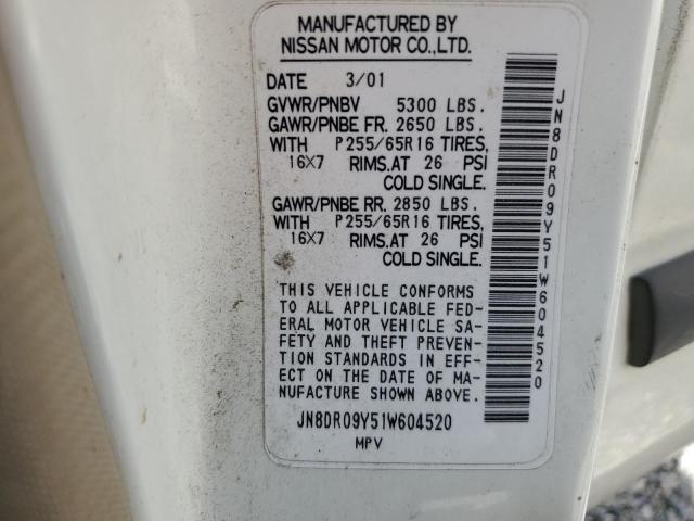 JN8DR09Y51W604520 - 2001 NISSAN PATHFINDER LE 白色 照片 13