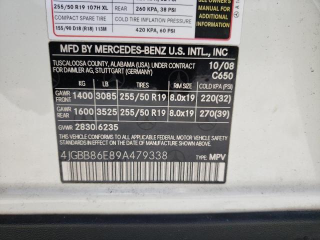 4JGBB86E89A479338 - 2009 MERCEDES-BENZ ML 350 WHITE photo 10