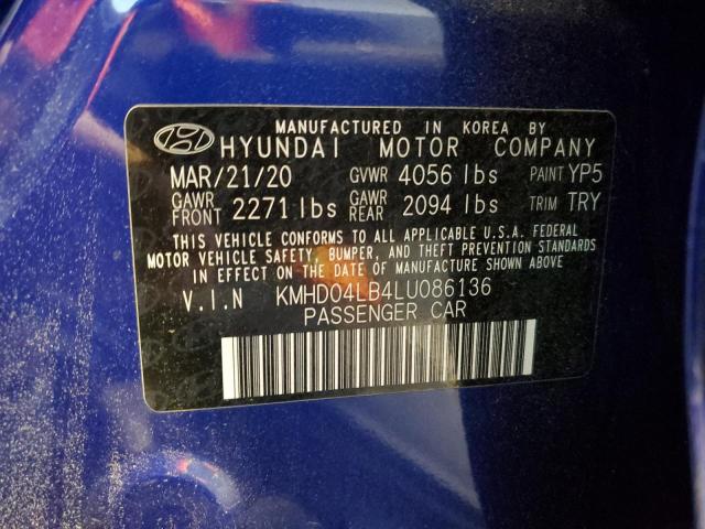 KMHD04LB4LU086136 - 2020 HYUNDAI ELANTRA SPORT BLUE photo 12