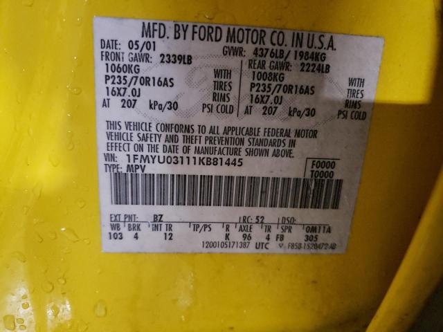 1FMYU03111KB81445 - 2001 FORD ESCAPE XLT YELLOW photo 12