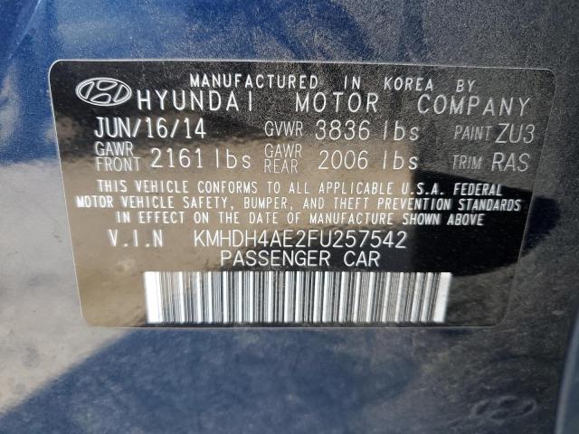 KMHDH4AE2FU257542 - 2015 HYUNDAI ELANTRA SE BLUE photo 12