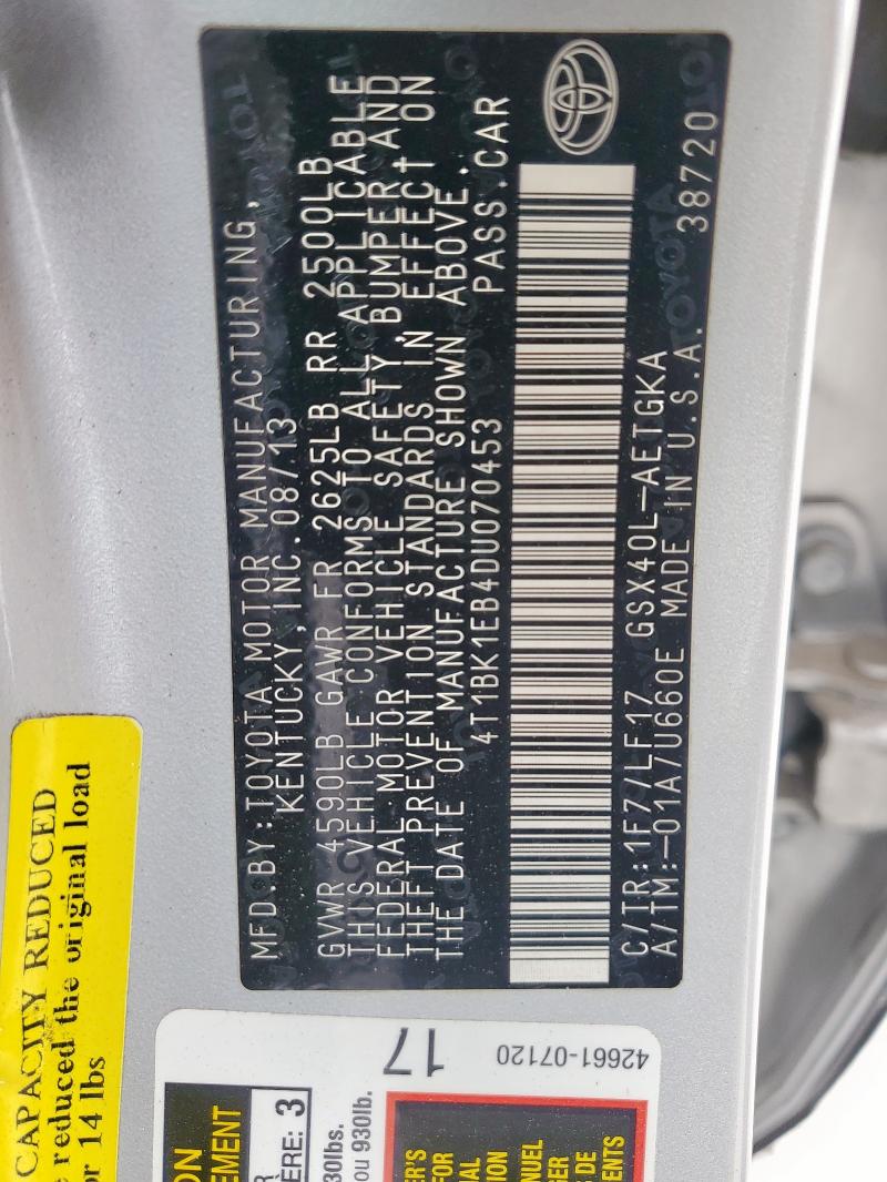 4T1BK1EB4DU070453 - 2013 TOYOTA AVALON BASE SILVER photo 13