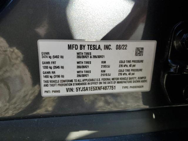 5YJSA1E5XNF487751 - 2022 TESLA MODEL S Արծաթագույն լուսանկար 12