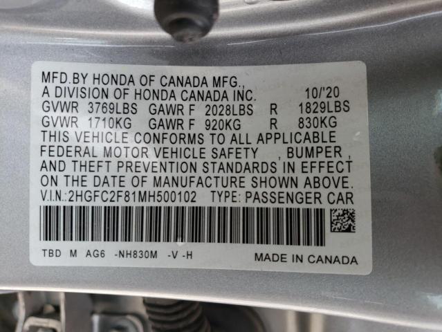 2HGFC2F81MH500102 - 2021 HONDA CIVIC SPORT 银色 照片 12