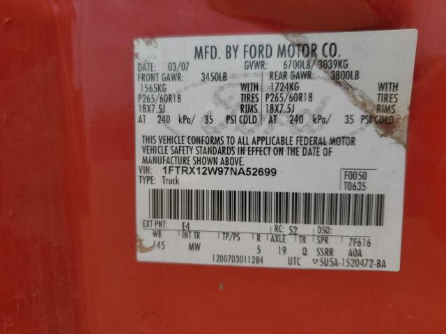 1FTRX12W97NA52699 - 2007 FORD F150 RED photo 12