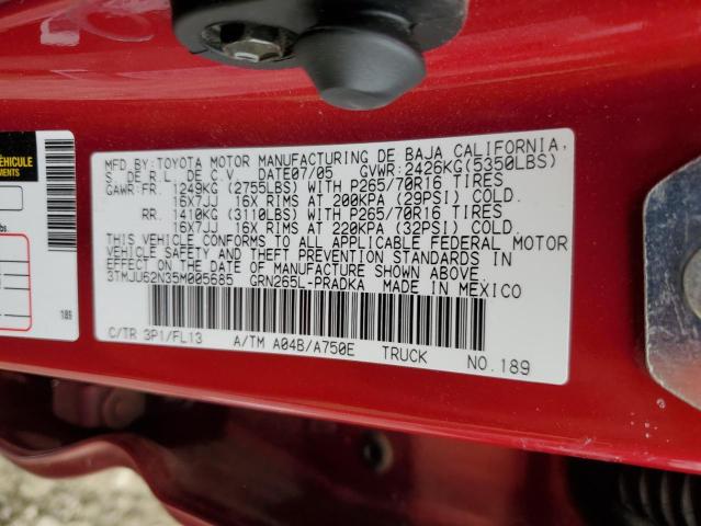 3TMJU62N35M005685 - 2005 TOYOTA TACOMA DOUBLE CAB PRERUNNER BURGUNDY photo 13