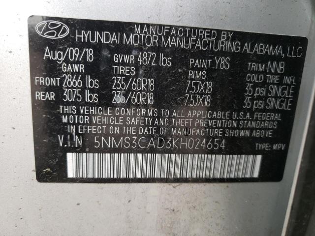 5NMS3CAD3KH024654 - 2019 HYUNDAI SANTA FE SEL Արծաթագույն լուսանկար 13