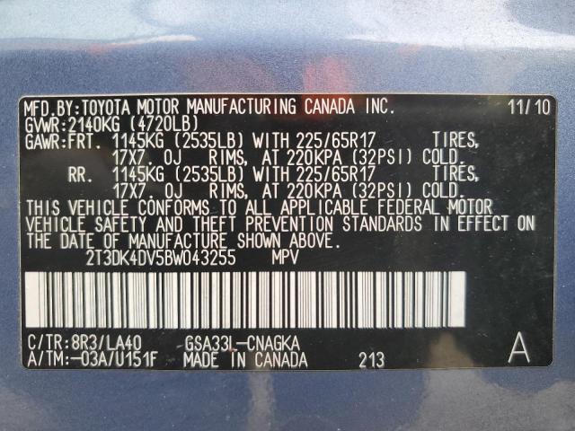 2T3DK4DV5BW043255 - 2011 TOYOTA RAV4 LIMITED BLUE photo 13