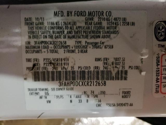 3FAHP0DCXCR212658 - 2012 FORD FUSION SPORT WHITE photo 12