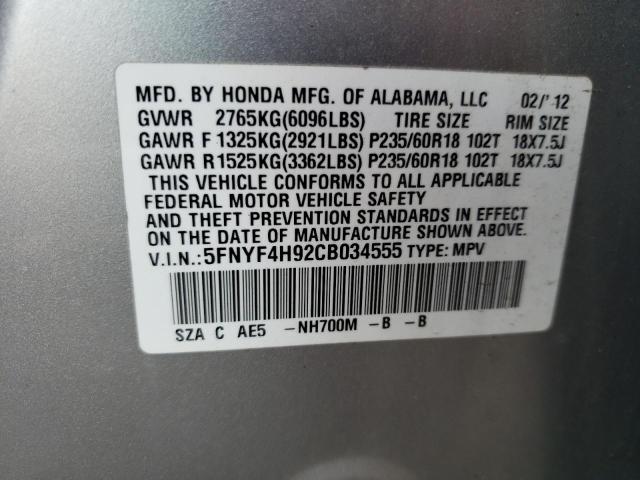 5FNYF4H92CB034555 - 2012 HONDA PILOT TOURING SILVER photo 12