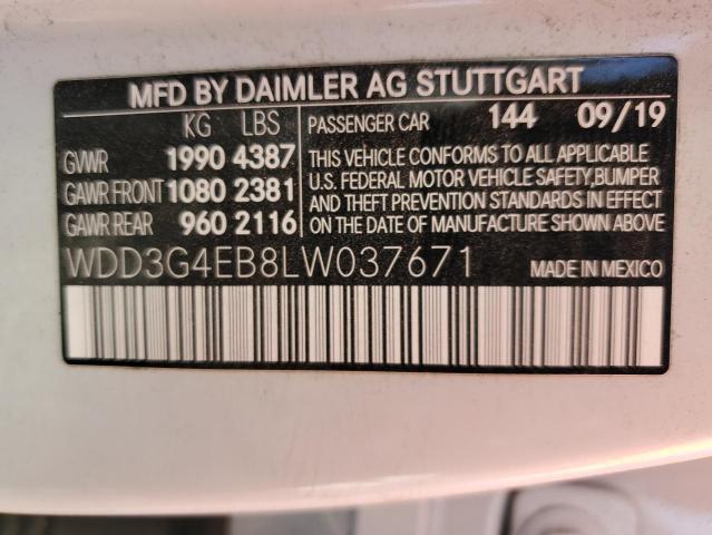 WDD3G4EB8LW037671 - 2020 MERCEDES-BENZ A 220 WHITE photo 12