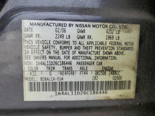 1N4AL11D26C186446 - 2006 NISSAN ALTIMA S GRAY photo 12