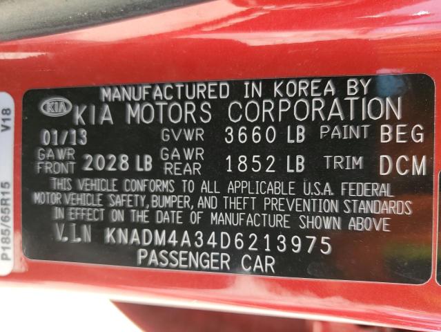 KNADM4A34D6213975 - 2013 KIA RIO LX RED photo 12