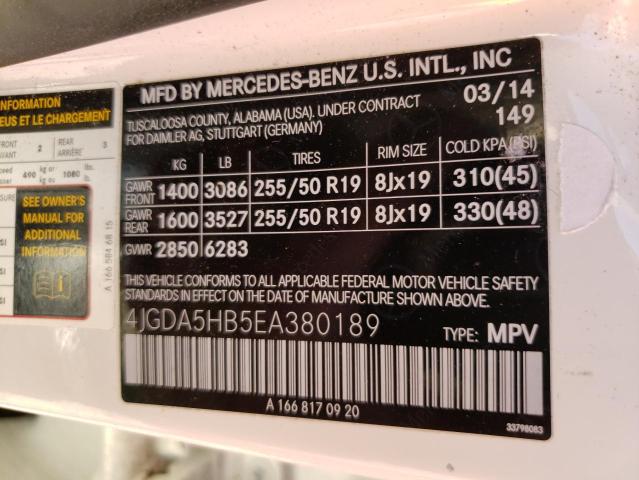 4JGDA5HB5EA380189 - 2014 MERCEDES-BENZ ML 350 4MATIC WHITE photo 14