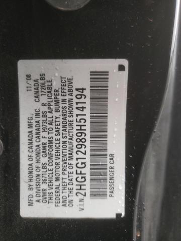 2HGFG12989H514194 - 2009 HONDA CIVIC EXL BLACK photo 12