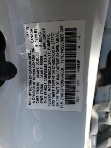 2HGFC2F62KH546050 - 2019 HONDA CIVIC LX WHITE photo 13