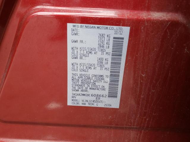 5N1AR2MM1DC608662 - 2013 NISSAN PATHFINDER S 勃艮第红 照片 13
