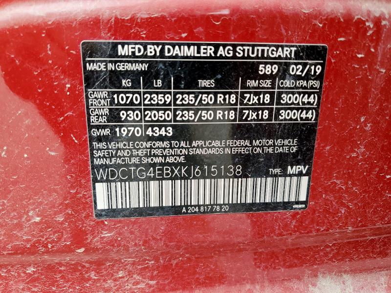 WDCTG4EBXKJ615138 - 2019 MERCEDES-BENZ GLA 250 Rojo foto 13