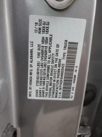 5FPYK3F64KB028423 - 2019 HONDA RIDGELINE RTL SILVER photo 12