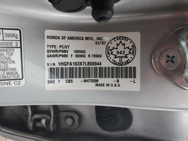 1HGFA163X7L800944 - 2007 HONDA CIVIC DX SILVER photo 13