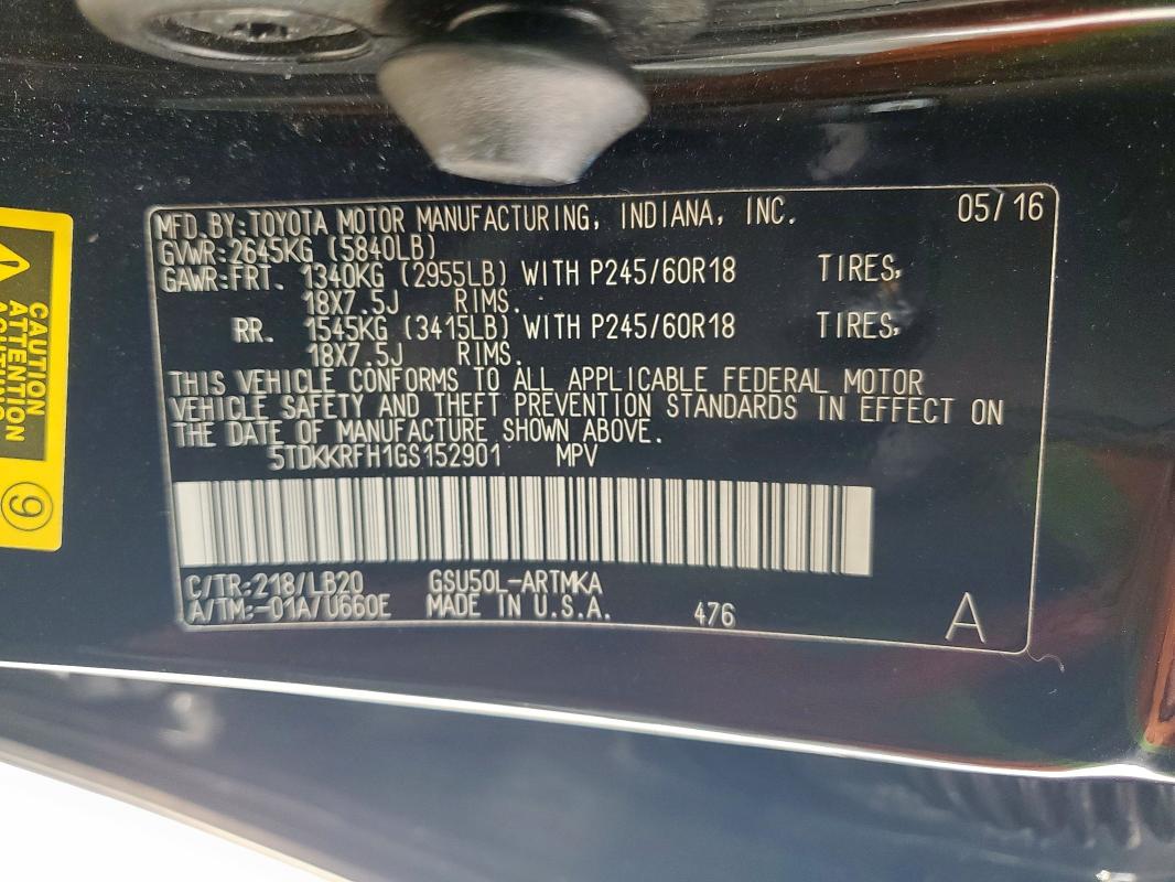 5TDKKRFH1GS152901 - 2016 TOYOTA HIGHLANDER XLE 黑色 照片 13