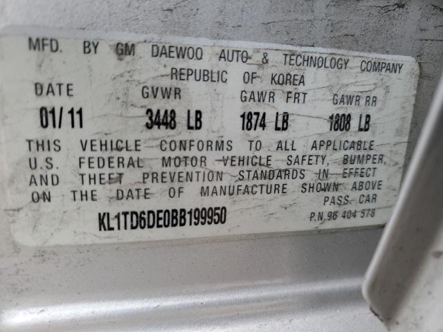 KL1TD6DE0BB199950 - 2011 CHEVROLET AVEO LS Gümüş foto 12