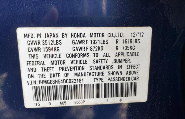 JHMGE8H54DC022181 - 2013 HONDA FIT SPORT BLUE photo 10