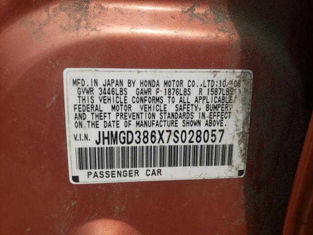 JHMGD386X7S028057 - 2007 HONDA FIT S ნარინჯისფერი ფოტო 12