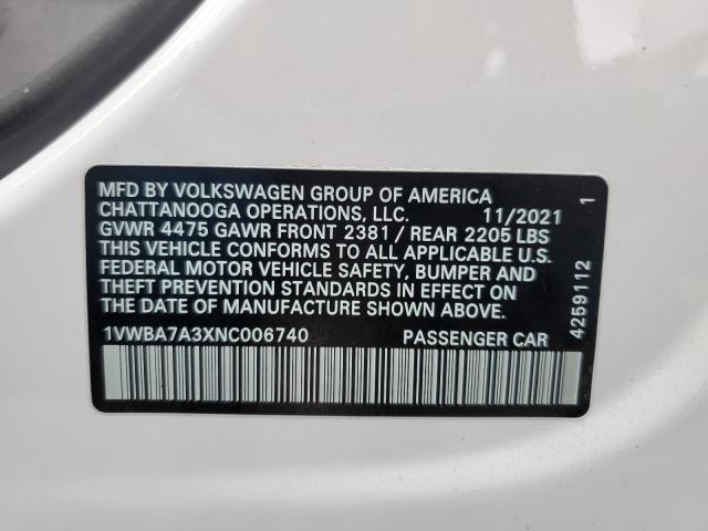 1VWBA7A3XNC006740 - 2022 VOLKSWAGEN PASSAT LIMITED EDITION WHITE photo 12