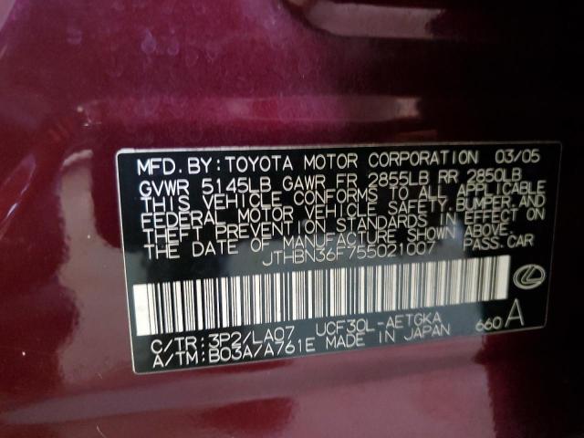 JTHBN36F755021007 - 2005 LEXUS LS 430 BURGUNDY photo 12