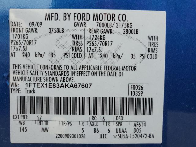 1FTEX1E83AKA67607 - 2010 FORD F150 SUPER CAB BLUE photo 12