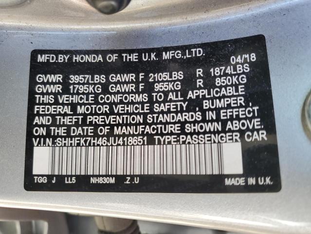 SHHFK7H46JU418651 - 2018 HONDA CIVIC SPORT SILVER photo 13