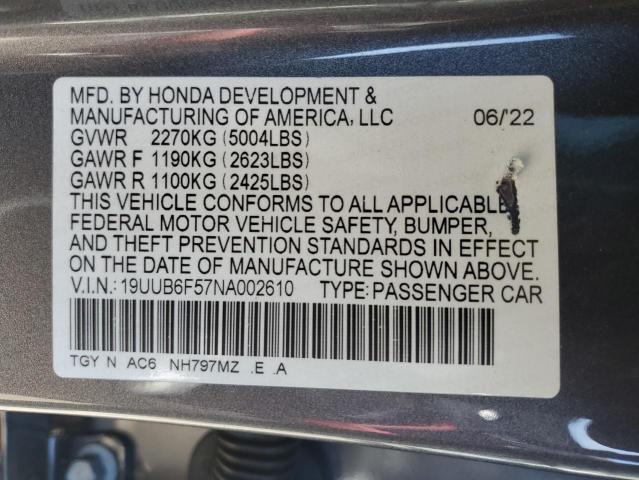 19UUB6F57NA002610 - 2022 ACURA TLX TECH A GRAY photo 12