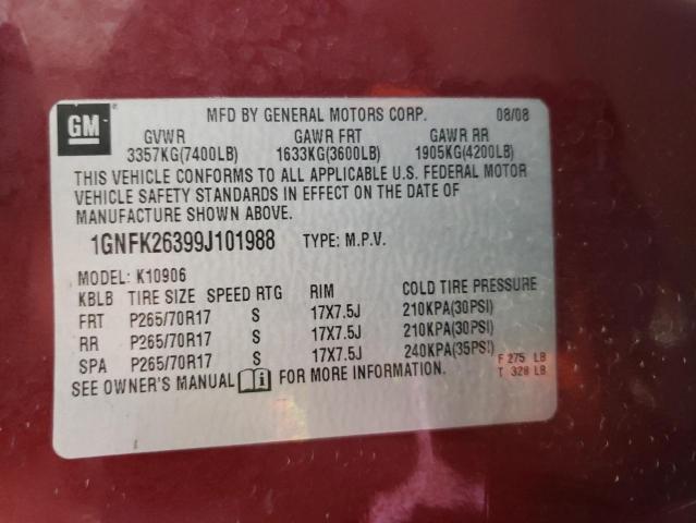 1GNFK26399J101988 - 2009 CHEVROLET SUBURBAN K1500 LT RED photo 13