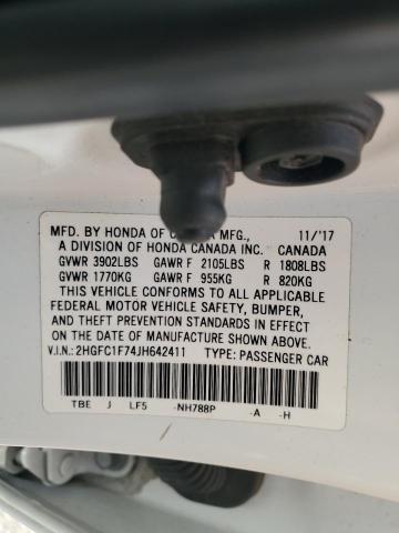 2HGFC1F74JH642411 - 2018 HONDA CIVIC EXL WHITE photo 13