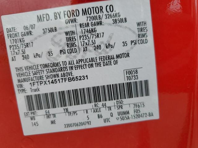 1FTPX14517FB65231 - 2007 FORD F150 RED photo 12