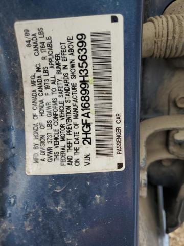 2HGFA16899H356399 - 2009 HONDA CIVIC EX BLUE photo 12