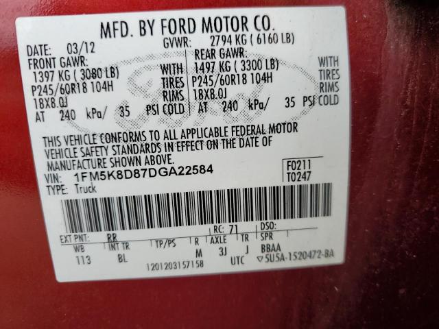 1FM5K8D87DGA22584 - 2013 FORD EXPLORER XLT RED photo 13