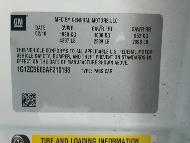 1G1ZC5E05AF210198 - 2010 CHEVROLET MALIBU 1LT 白色 照片 10