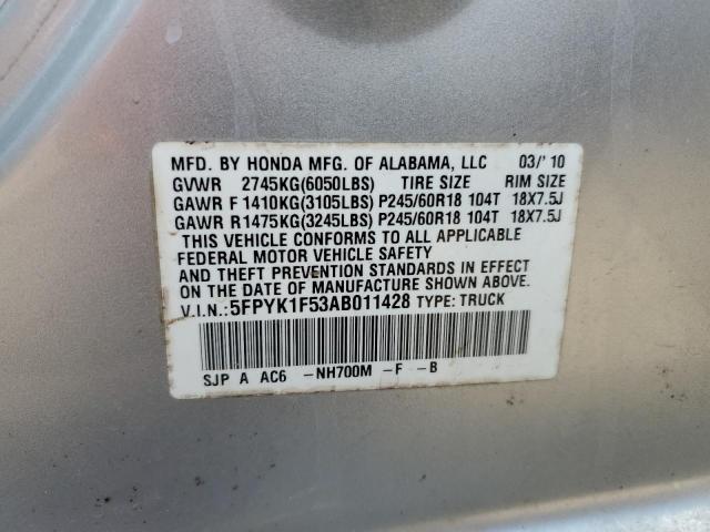 5FPYK1F53AB011428 - 2010 HONDA RIDGELINE RTL SILVER photo 12