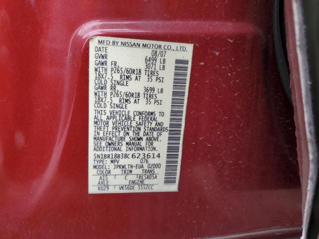 5N1BR18B38C623614 - 2008 NISSAN PATHFINDER LE მუქწითელი ფოტო 13