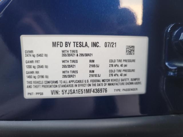 5YJSA1E51MF436976 - 2021 TESLA MODEL S Mavi foto 10