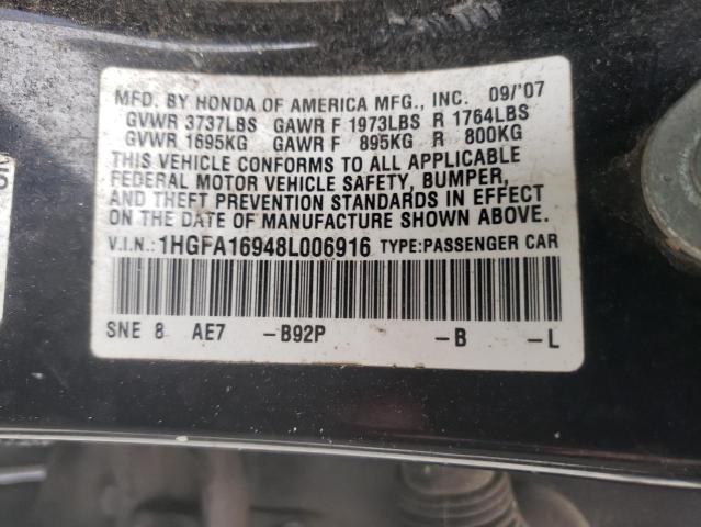 1HGFA16948L006916 - 2008 HONDA CIVIC EXL BLACK photo 12