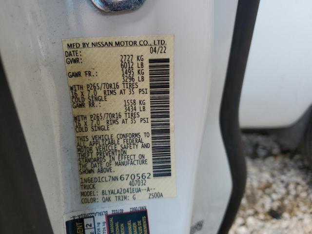 1N6ED1CL7NN670562 - 2022 NISSAN FRONTIER S WHITE photo 12