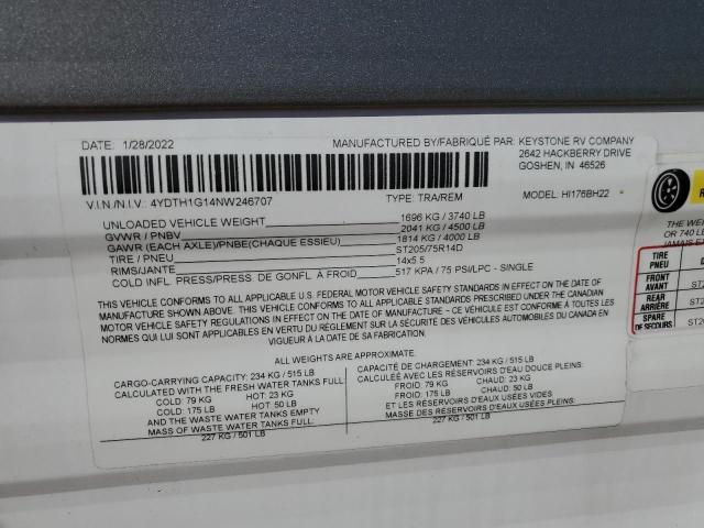 4YDTH1G14NW246707 - 2022 KEYSTONE SPRINTER WHITE photo 10
