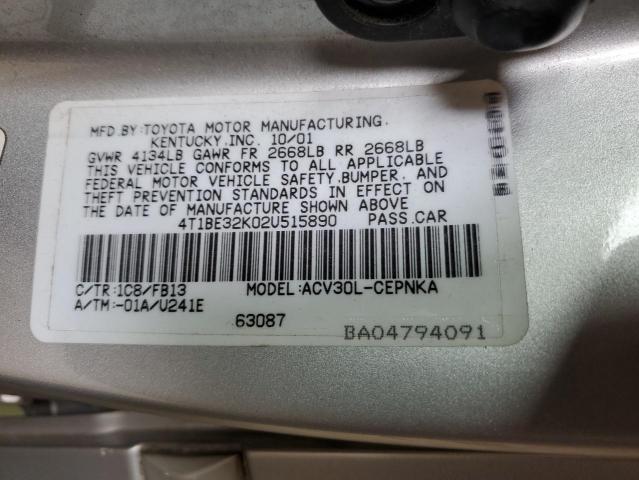 4T1BE32K02U515890 - 2002 TOYOTA CAMRY LE SILVER photo 12